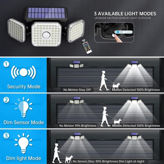 Lámpara de pared solar de 3 cabezales para exteriores con sensor de movimiento