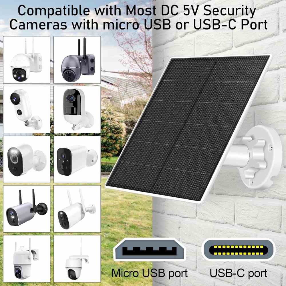 Hinergy - Panel solar pequeño impermeable con salida de 5 V CC, puerto micro USB tipo C para cámara de seguridad